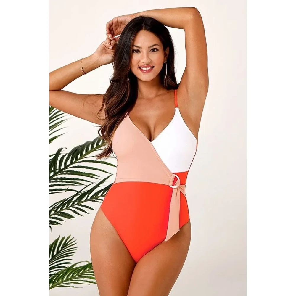 Cupshe Women Colorblock Wrap One Piece Swimsuit Coral Peach White Side Tie‎ M